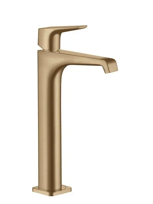 Waschtischmischer von AXOR mit einem hochgestellten Hebelgriff in gebürstetem Bronze-Finish. Geeignet für Aufsatzwaschtische.